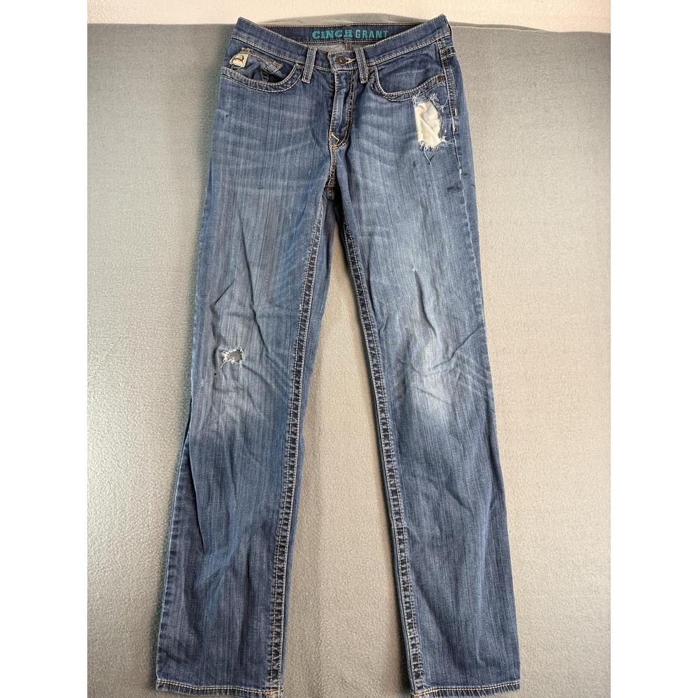 Cinch Grant Jeans Mens 30x34 Med Wash Blue Relaxed Bootcut Distressed Denim